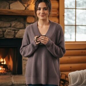 Aerie $70 XS Gray Chunky Knit V-Neck Oversized Cozy Comfort Pullover Sweater